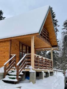 une cabane en rondins dans la neige dans l'établissement Hill Hut, à Myta