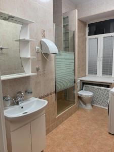 uma casa de banho com um lavatório, um chuveiro e um WC. em O'Key Home em Rostov on Don