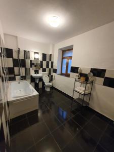 a bathroom with a tub and a toilet and a sink at Casa Corona in Braşov