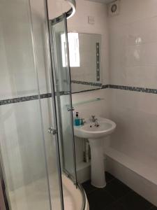 a bathroom with a sink and a glass shower at Boathouse Hotel in Holyhead