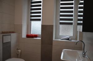 馬爾斯貝格的住宿－FEWO - ZurBank -，一间带卫生间和水槽的浴室以及两个窗户。