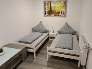カッペル・グラーフェンハウゼンにあるFerienwohnung TaJoの壁に絵が描かれた部屋のベッド2台