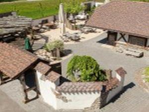 een uitzicht op een patio met planten en gebouwen bij Landgasthaus Grüner Baum in Simonswald