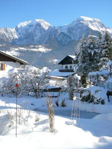 einen schneebedeckten Hof mit einem Haus und Bergen in der Unterkunft Ferienwohnung Frauendorf in Schönau am Königssee