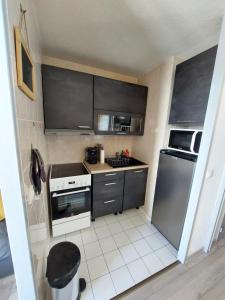 莱德萨阿尔卑斯Appart 3 étoiles 6 pers avec balcon luges et wifi - la meije 3 les 2 alpes 1800的一间小厨房,配有不锈钢用具和黑色橱柜