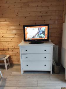 莱德萨阿尔卑斯Appart 3 étoiles 6 pers avec balcon luges et wifi - la meije 3 les 2 alpes 1800的梳妆台上配有电视