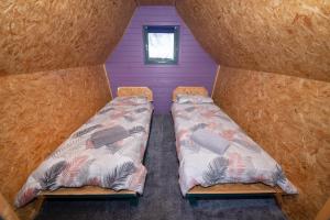 two beds in a room with a purple wall at Seaways glamping, Copper Beech in Great Driffield