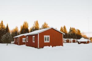 un granero rojo en la nieve con árboles en el fondo en Lappland Pro Natur en Åsele