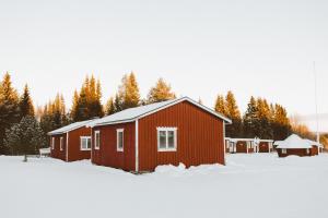 czerwona stodoła w śniegu z drzewami w tle w obiekcie Lappland Pro Natur w mieście Åsele
