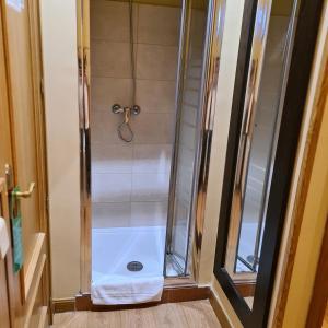 una ducha con puerta de cristal en un baño en Hostal Oporto, en Madrid
