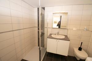 y baño con lavabo, ducha y aseo. en Studio 002 neuf proche gare TGV, A36 et Hôpital, en Botans