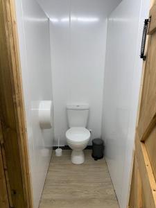 a white bathroom with a toilet in a stall at Swaledale Shepherd's Hut in Newton Abbot