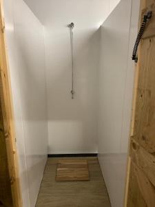 a bathroom with a shower with a white wall at Swaledale Shepherd's Hut in Newton Abbot