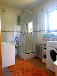 een badkamer met een douche en een wasmachine bij Forest House in Lubomierz