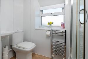 a white bathroom with a toilet and a window at Conwy View Cottage in Conwy
