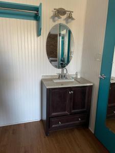 a bathroom with a sink and a mirror at Rodeway Inn - Nashville Airport - Downtown - Restaurant On Site in Nashville