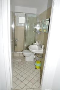 a bathroom with a toilet and a shower and a sink at Handakas Studios in Andros