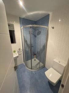 uma casa de banho com um chuveiro e um WC. em Lugo 360 em Lugo