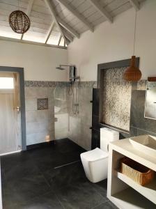 Sleeping Elephant Beach Resort في تانجالي: حمام مع دش ومرحاض ومغسلة