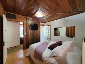 a bedroom with a large bed with pillows on it at Vinícola & Pousada Terragnolo in Bento Gonçalves