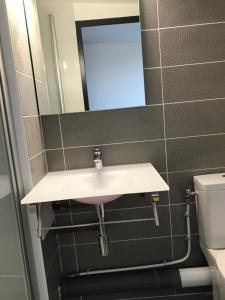 a bathroom with a sink and a mirror at Hôtel Amaya in Ambarès-et-Lagrave