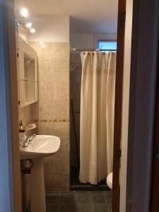 a bathroom with a sink and a shower with a shower curtain at Departamento Alberdi Completo con Cochera in Cordoba
