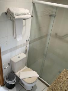uma casa de banho com um WC e uma cabina de duche em vidro. em Tropical Executive Hotel em Manaus