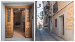 zwei Bilder einer Gasse mit einer Holztür in der Unterkunft Caserío de Aljibillos 5 hab 8 camas 4 baños in Toledo