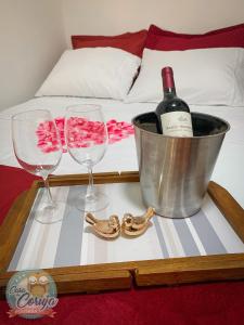a tray with a bottle of wine and two glasses at Casa da Coruja in Rio de Janeiro