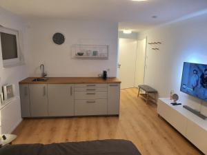 a living room with a kitchen with a counter at Fröbelnest in Filderstadt +13 photos