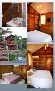een collage van vier foto's van een slaapkamer bij Oca Tocarijus Eco Resort in Piracuruca
