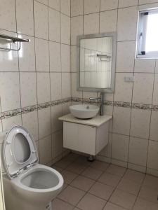 ein Badezimmer mit Toilette, Waschbecken und Spiegel in der Unterkunft Mermaid B&B in Green Island
