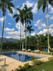 a pool with palm trees and a playground at Room in Lodge - Family Cabin With River View in Rizaralda