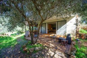 a patio with a table and chairs under a tree at Roof Of The Galilee in Amirim