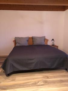 een slaapkamer met een bed met blauwe kussens bij Klosterblick in Inzigkofen