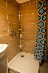 um chuveiro na casa de banho com uma cortina de chuveiro em MBL Apartman Winter em Rezi