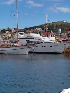 a white boat is docked in the water at BOAT & BREAKFAST LUCRETIA, LUXURY yacht in Àrbatax