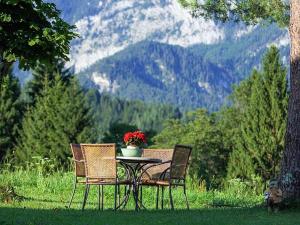 2 Stühle und ein Tisch mit einer Blumenvase in der Unterkunft Gästehaus Marchler in Bischofswiesen