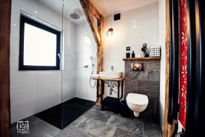 a bathroom with a shower and a toilet and a sink at Laura Resort - Luxury Chalets z jacuzzi in Szaflary +38 photos