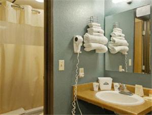 a bathroom with a sink and a mirror and towels at Sunset Inn & Suites in Lincoln