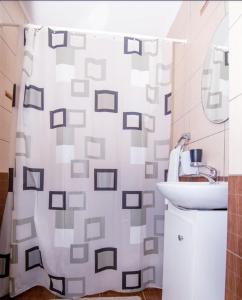 ein Bad mit einem Duschvorhang und einem Waschbecken in der Unterkunft Pensiunea Sabrina in Lacu Sărat