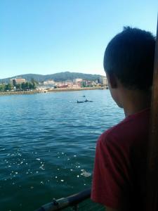 un niño está mirando sobre el agua en Barco 12 mts centro Cangas, en Cangas de Morrazo