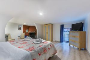 sypialnia z dużym łóżkiem i telewizorem w obiekcie Bolognina Fair Functional Apartment w Bolonii