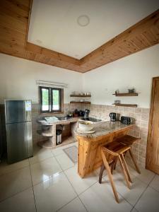 a large kitchen with a wooden table and a refrigerator at Maison Ed-Elle in La Digue
