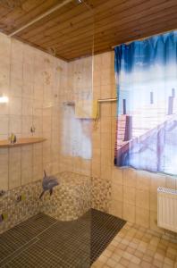 a bathroom with a shower with a dolphin on the wall at Ferienwohnung zur Mühle in Sotzweiler