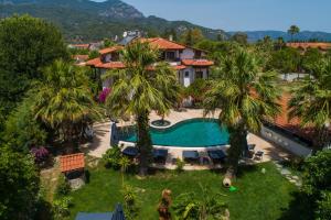 an aerial view of a house with a swimming pool and palm trees at Murat Pasha Mansion in Dalyan