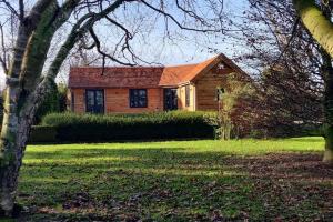 une maison en bois dans une cour avec un arbre dans l'établissement Chalet Duras, à Saint-Trond