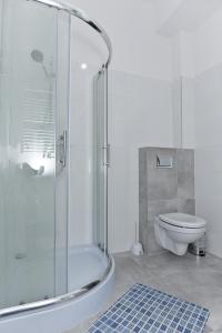 uma casa de banho com uma cabina de duche em vidro e um WC. em Zielona Dolina 2020 em Smolec