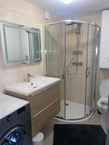 une salle de bain avec douche, lavabo et toilettes dans l'établissement La tour 3: Appart au cœur de la petite Venise, à LʼIsle-sur-la-Sorgue