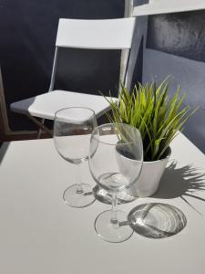 dwa kieliszki wina siedzące na stole z rośliną w obiekcie Apartament blisko morza - Yellow Stone w Gdańsku